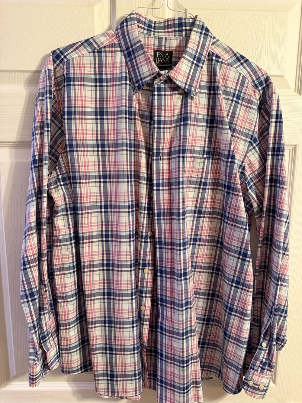 Jos. A. Bank Blue and Pink Plaid Long-Sleeve Dress Shirt